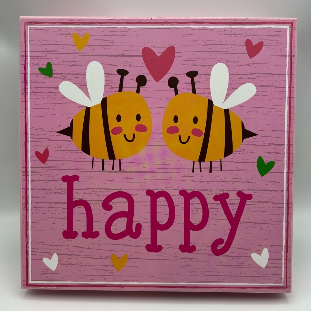 Creatology Bee‎ Happy Pink 10” Playroom Wall Wood Box Sign Hearts Bees